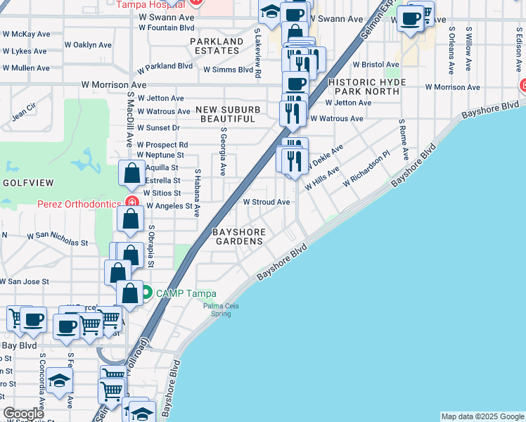 map of restaurants, bars, coffee shops, grocery stores, and more near 2309 West Texas Avenue in Tampa