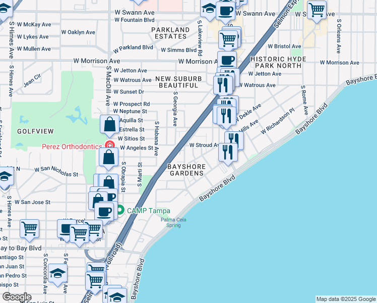 map of restaurants, bars, coffee shops, grocery stores, and more near 1407 South Lorenzo Avenue in Tampa
