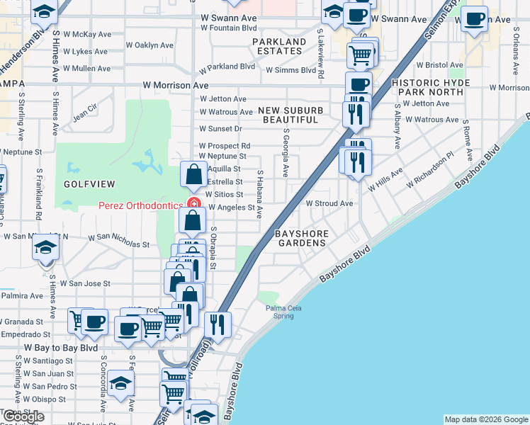 map of restaurants, bars, coffee shops, grocery stores, and more near 2802 West Angeles Street in Tampa
