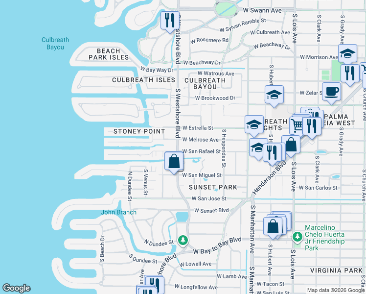 map of restaurants, bars, coffee shops, grocery stores, and more near 4711 West San Rafael Street in Tampa