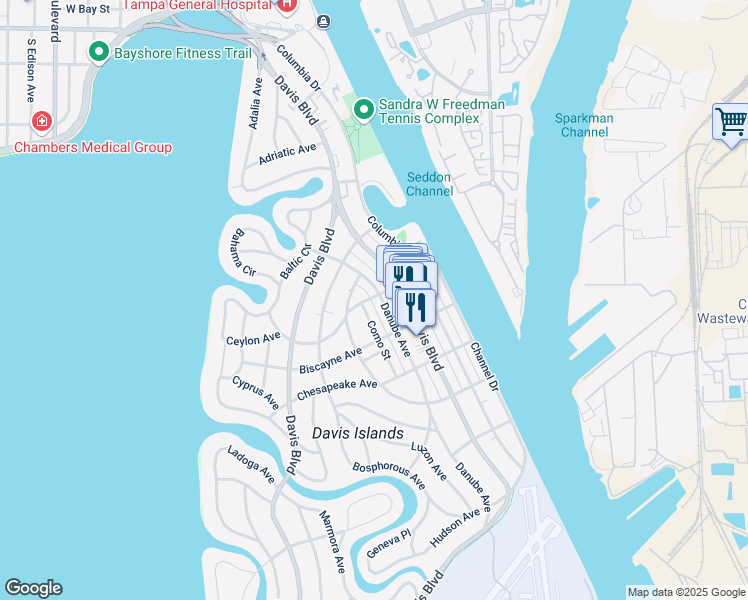 map of restaurants, bars, coffee shops, grocery stores, and more near 99 Barbados Avenue in Tampa