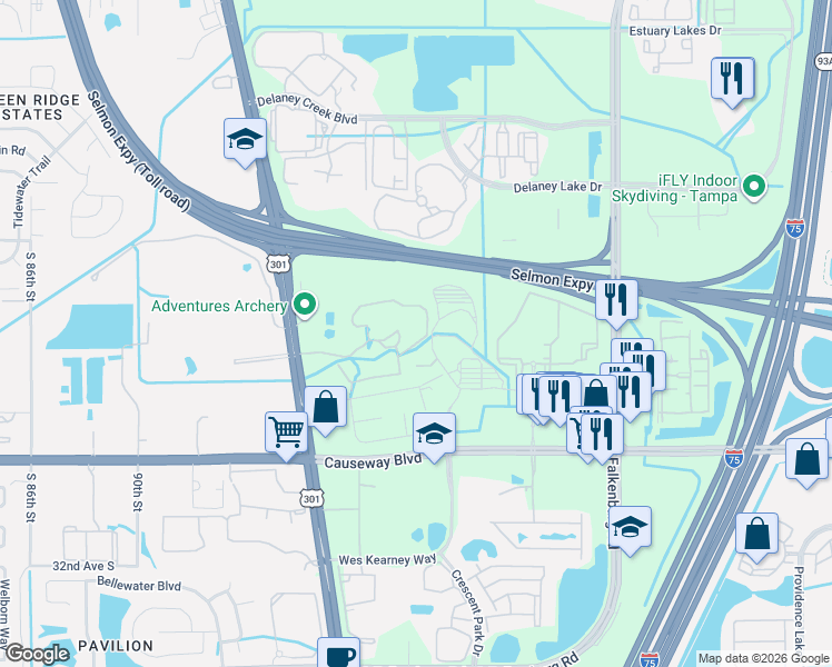 map of restaurants, bars, coffee shops, grocery stores, and more near 10121 Courtney Palms Boulevard in Tampa
