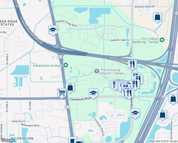map of restaurants, bars, coffee shops, grocery stores, and more near 10115 Courtney Palms Boulevard in Tampa