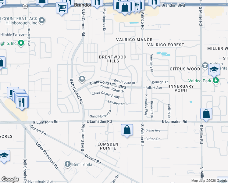 map of restaurants, bars, coffee shops, grocery stores, and more near 1707 Powder Ridge Drive in Valrico
