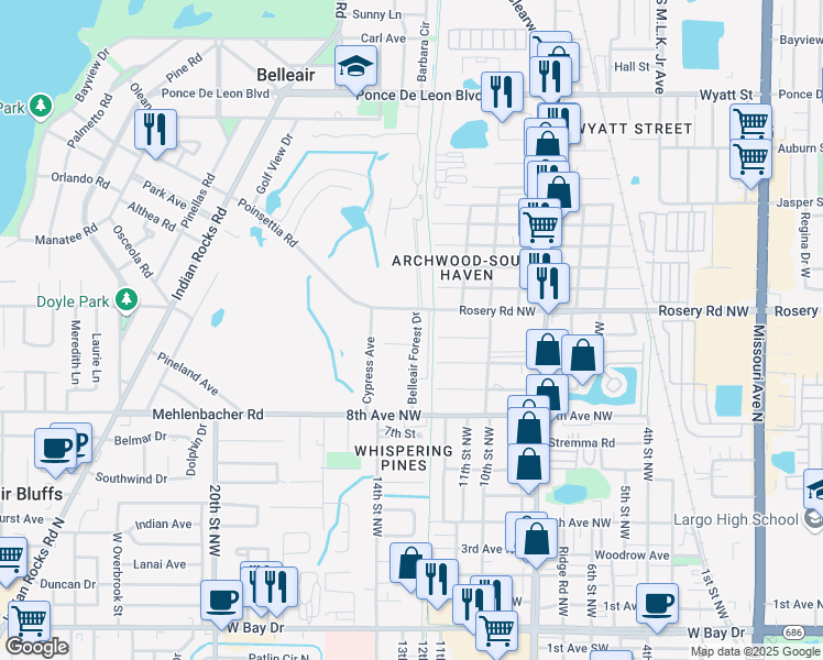 map of restaurants, bars, coffee shops, grocery stores, and more near 1713 Belleair Forest Drive in Belleair