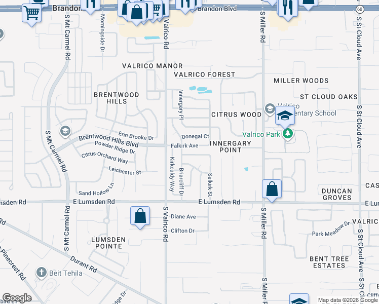 map of restaurants, bars, coffee shops, grocery stores, and more near 2206 Selkirk Street in Valrico