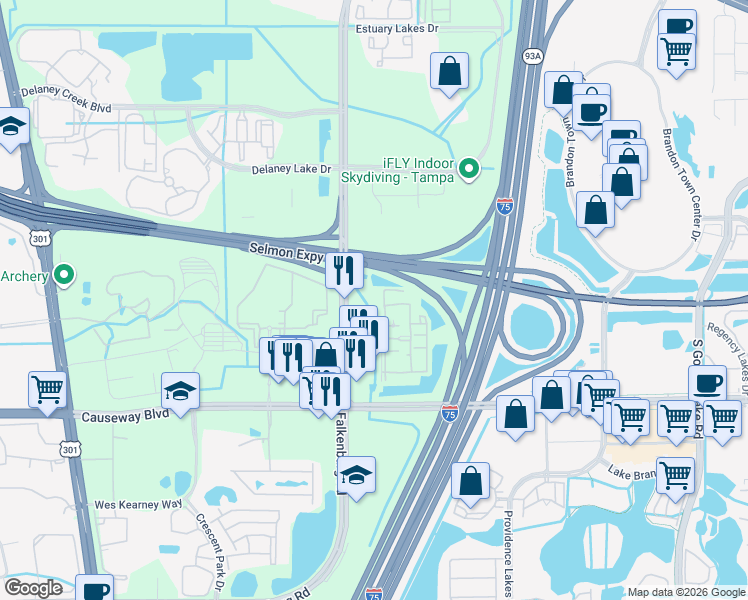 map of restaurants, bars, coffee shops, grocery stores, and more near 10424 Sanderling Shores Drive in Tampa