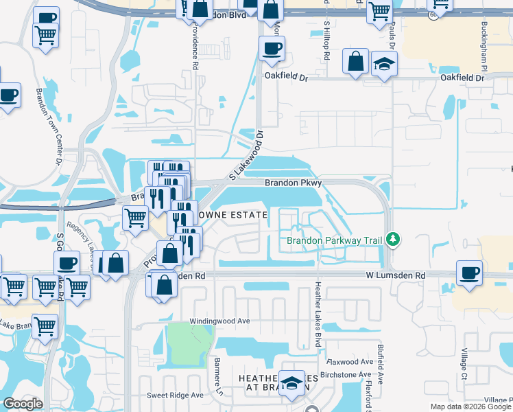 map of restaurants, bars, coffee shops, grocery stores, and more near 734 Burlwood Street in Brandon