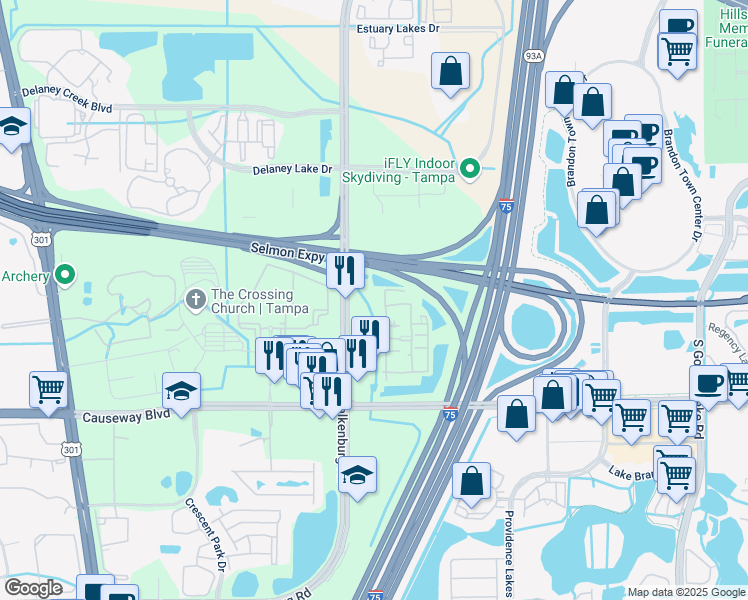 map of restaurants, bars, coffee shops, grocery stores, and more near 10424 Sanderling Shores Drive in Tampa