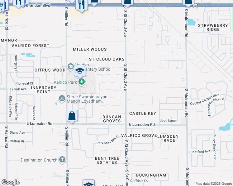 map of restaurants, bars, coffee shops, grocery stores, and more near 2713 Willow Oaks Drive in Valrico
