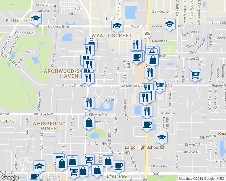 map of restaurants, bars, coffee shops, grocery stores, and more near 1140 5th Street Northwest in Largo
