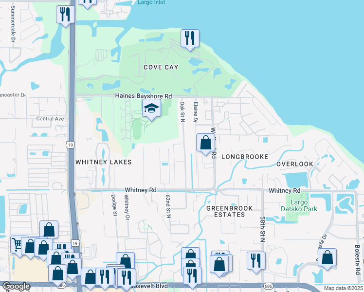 map of restaurants, bars, coffee shops, grocery stores, and more near 1900 Oak Street North in Clearwater
