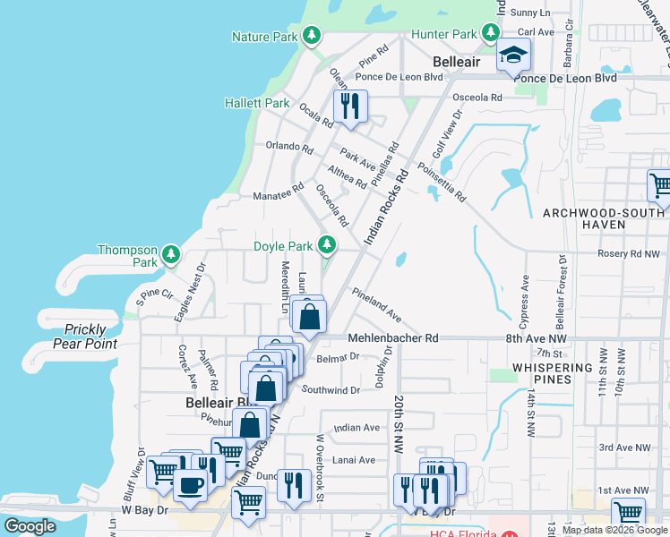 map of restaurants, bars, coffee shops, grocery stores, and more near 1709 Laurel Road in Belleair