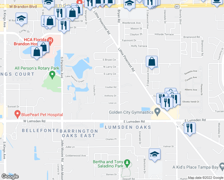 map of restaurants, bars, coffee shops, grocery stores, and more near 525 Coulter Road in Brandon