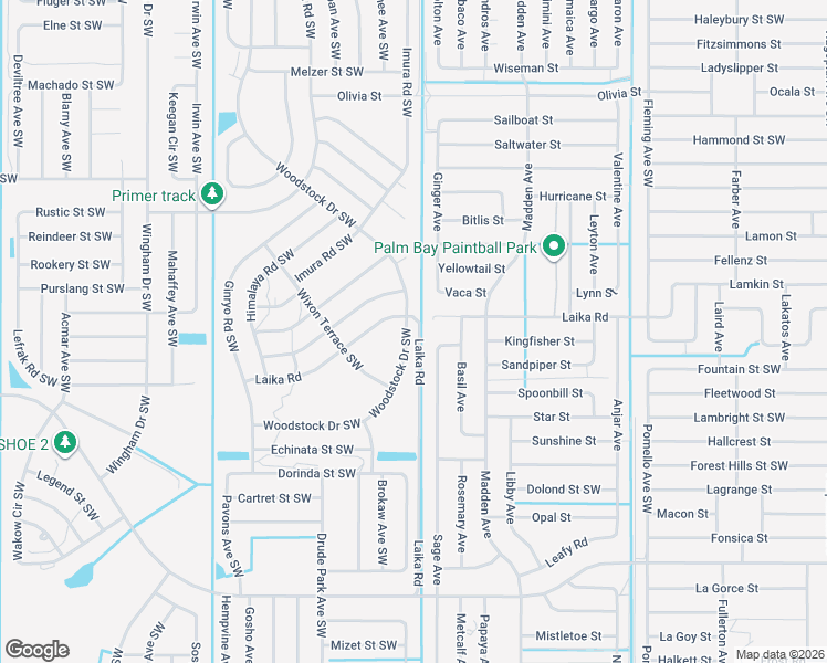 map of restaurants, bars, coffee shops, grocery stores, and more near 2811 Woodstock Drive Southwest in Palm Bay