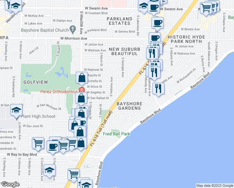 map of restaurants, bars, coffee shops, grocery stores, and more near 2506 West Stroud Avenue in Tampa
