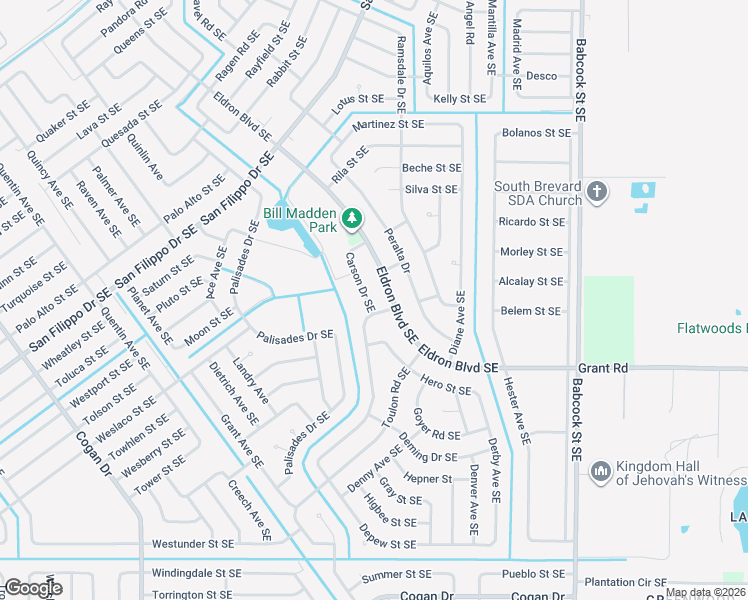 map of restaurants, bars, coffee shops, grocery stores, and more near 3001 Eldron Boulevard Southeast in Palm Bay