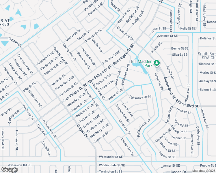 map of restaurants, bars, coffee shops, grocery stores, and more near 1146 Pluto Street Southeast in Palm Bay