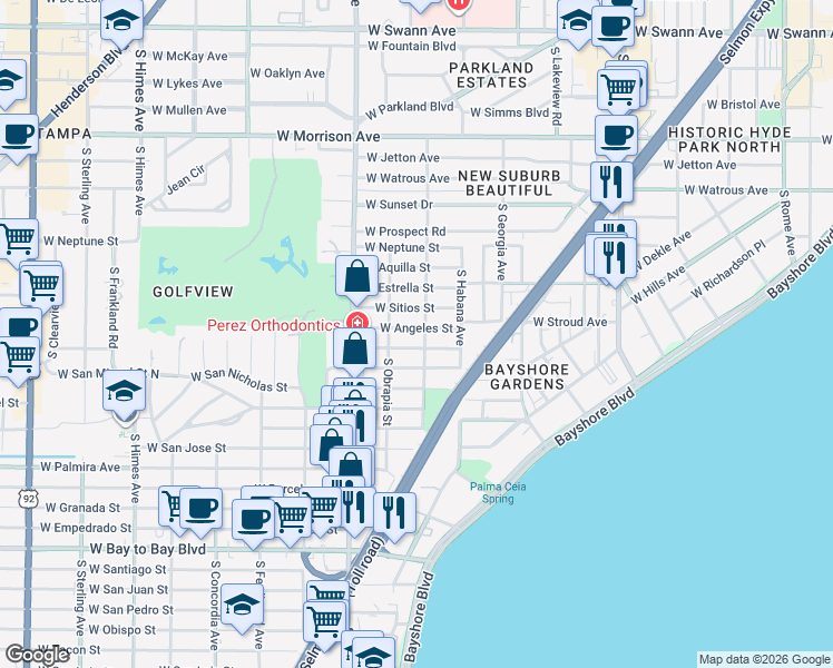 map of restaurants, bars, coffee shops, grocery stores, and more near 2904 West Angeles Street in Tampa
