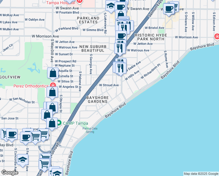 map of restaurants, bars, coffee shops, grocery stores, and more near 1406 Glen Avenue in Tampa