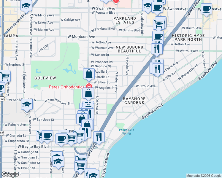 map of restaurants, bars, coffee shops, grocery stores, and more near 2802 West Angeles Street in Tampa