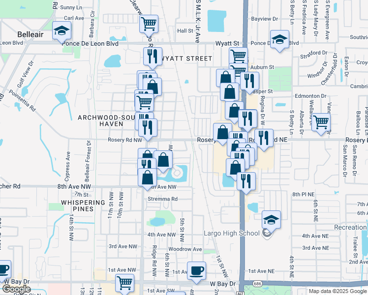map of restaurants, bars, coffee shops, grocery stores, and more near 1140 5th Street Northwest in Largo