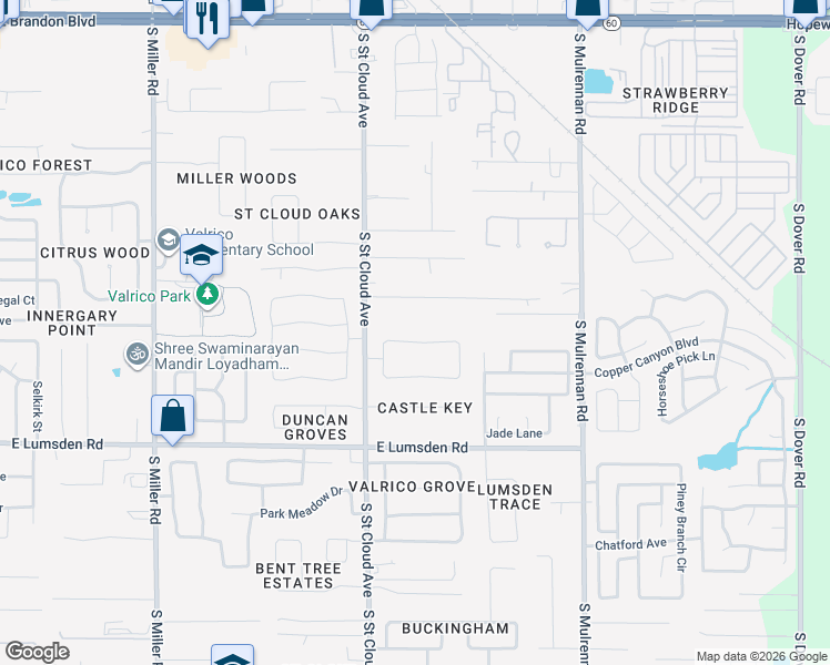 map of restaurants, bars, coffee shops, grocery stores, and more near 3916 Appletree Drive in Valrico
