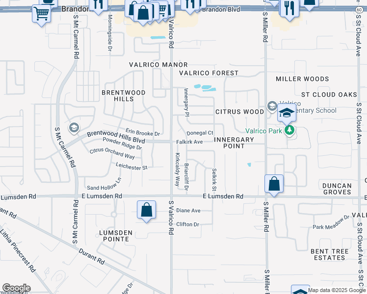 map of restaurants, bars, coffee shops, grocery stores, and more near 804 Briarcliff Drive in Valrico