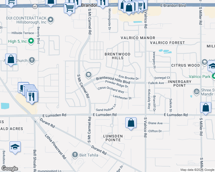map of restaurants, bars, coffee shops, grocery stores, and more near 1826 Citrus Orchard Way in Valrico