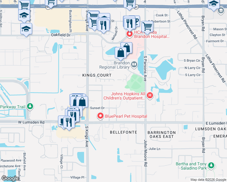 map of restaurants, bars, coffee shops, grocery stores, and more near 401 Overland Drive in Brandon