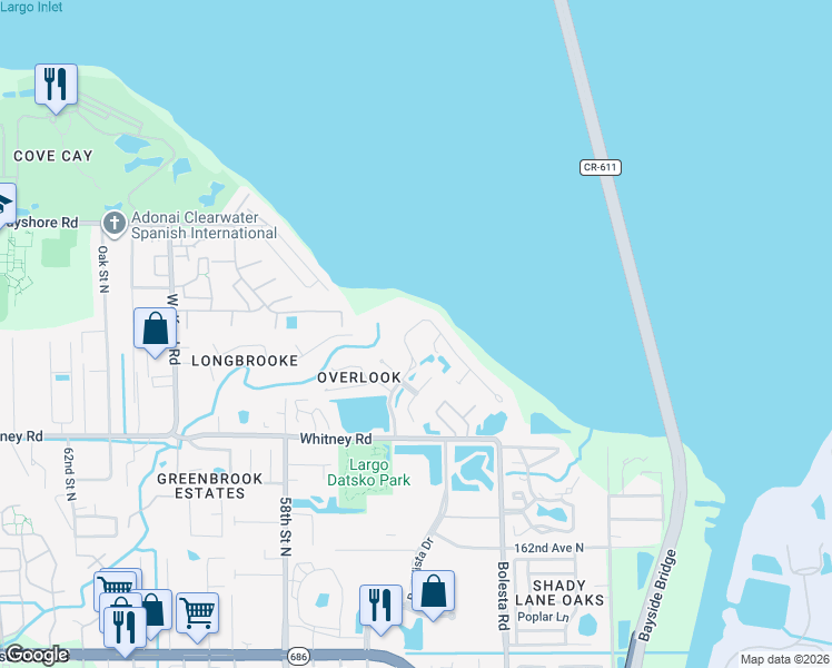 map of restaurants, bars, coffee shops, grocery stores, and more near 3132 Shoreline Drive in Clearwater
