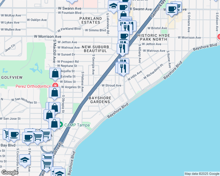 map of restaurants, bars, coffee shops, grocery stores, and more near 1406 Glen Avenue in Tampa