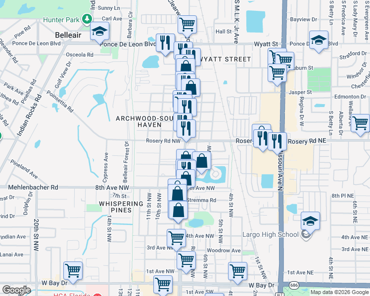 map of restaurants, bars, coffee shops, grocery stores, and more near 1100 Clearwater Largo Road North in Largo