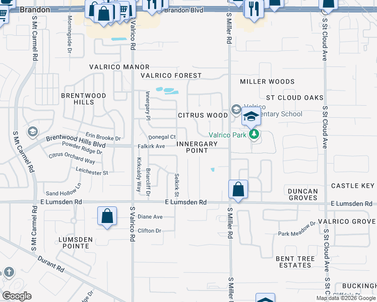 map of restaurants, bars, coffee shops, grocery stores, and more near 828 Innergary Place in Valrico