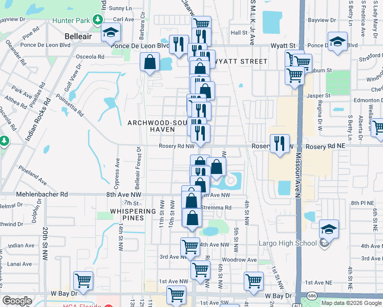 map of restaurants, bars, coffee shops, grocery stores, and more near 809 Rosery Road Northwest in Largo