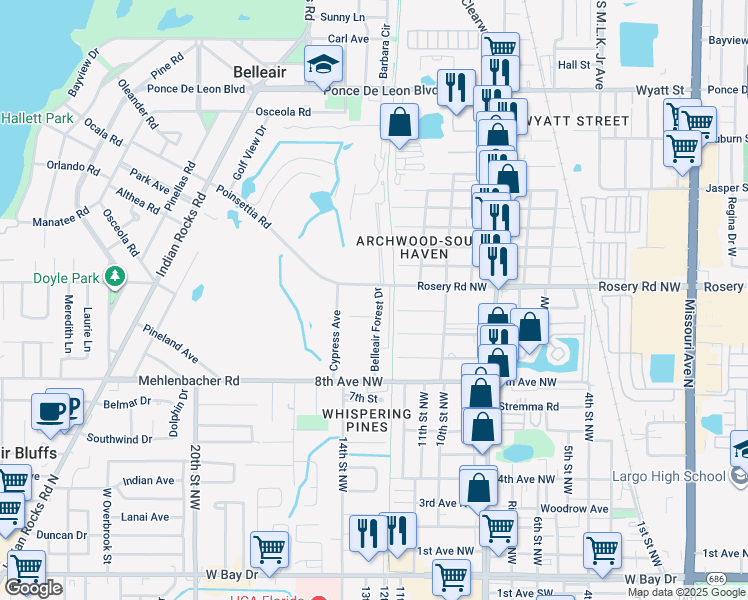 map of restaurants, bars, coffee shops, grocery stores, and more near 1713 Belleair Forest Drive in Belleair