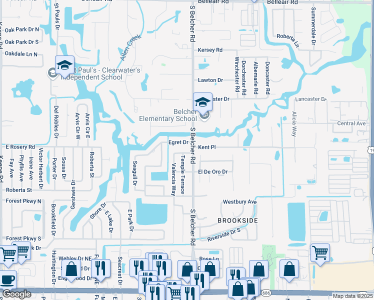 map of restaurants, bars, coffee shops, grocery stores, and more near 1928 South Belcher Road in Largo