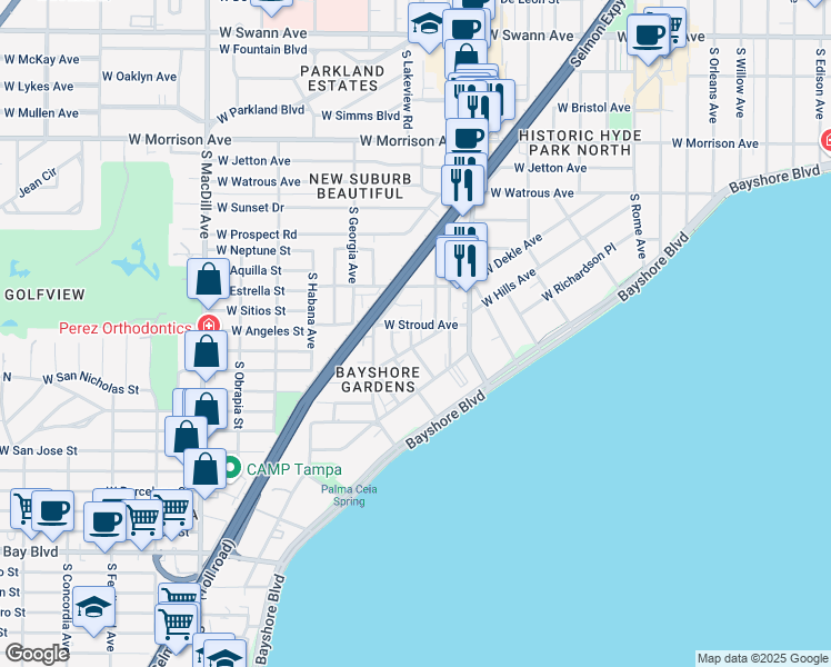 map of restaurants, bars, coffee shops, grocery stores, and more near 1406 Glen Avenue in Tampa
