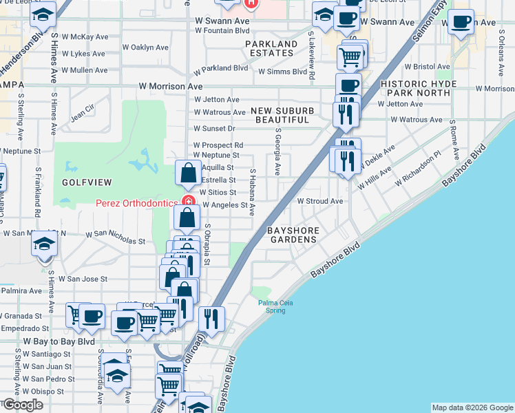 map of restaurants, bars, coffee shops, grocery stores, and more near 2802 West Angeles Street in Tampa