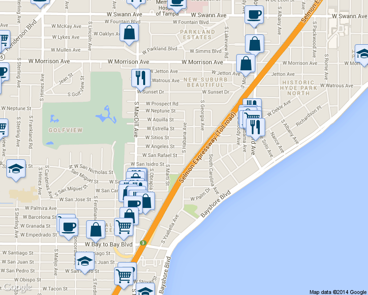 map of restaurants, bars, coffee shops, grocery stores, and more near 2802 West Angeles Street in Tampa