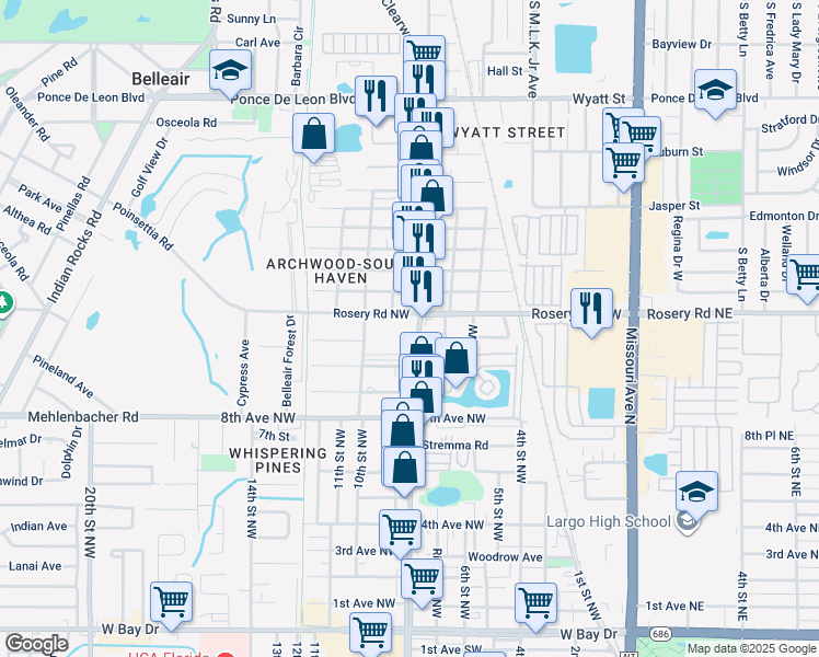 map of restaurants, bars, coffee shops, grocery stores, and more near 811 Rosery Road Northwest in Largo