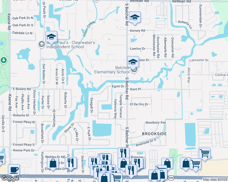 map of restaurants, bars, coffee shops, grocery stores, and more near 2174 Kent Avenue in Clearwater