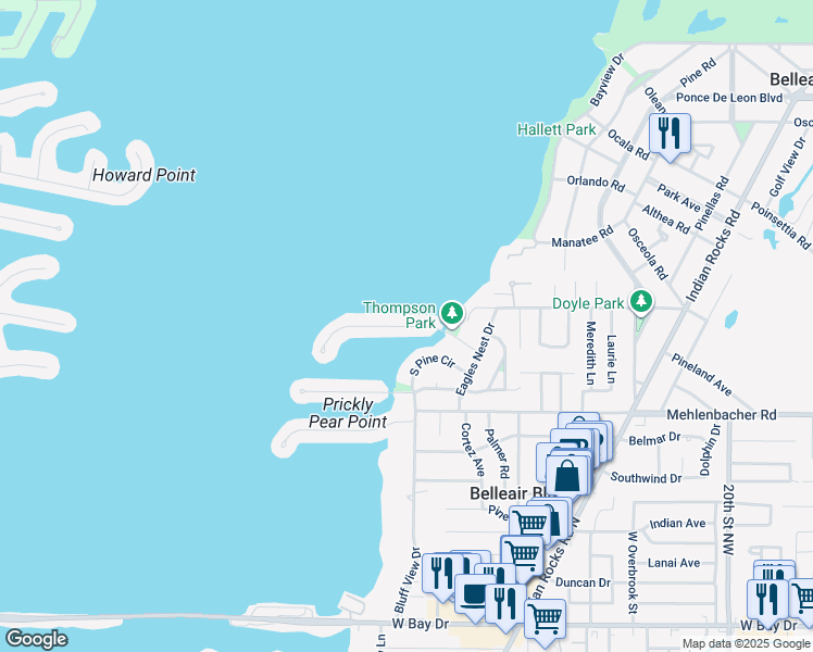 map of restaurants, bars, coffee shops, grocery stores, and more near 17 North Pine Circle in Belleair