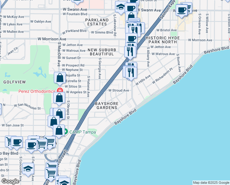 map of restaurants, bars, coffee shops, grocery stores, and more near 1403 South Bay Villa Place in Tampa