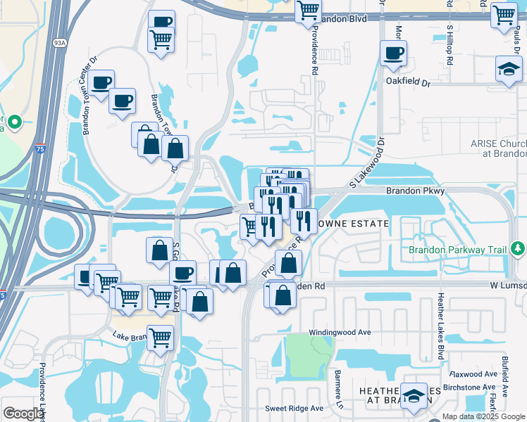 map of restaurants, bars, coffee shops, grocery stores, and more near 2020 Town Center Boulevard in Brandon