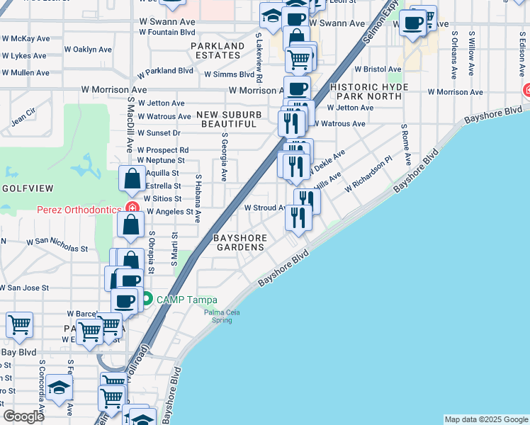 map of restaurants, bars, coffee shops, grocery stores, and more near 1402 South Bay Villa Place in Tampa