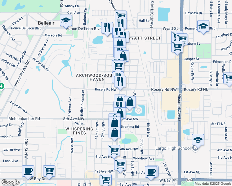 map of restaurants, bars, coffee shops, grocery stores, and more near 1025 Clearwater Largo Road North in Largo