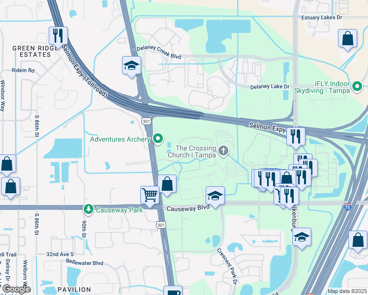 map of restaurants, bars, coffee shops, grocery stores, and more near 9918 Courtney Palms Boulevard in Tampa