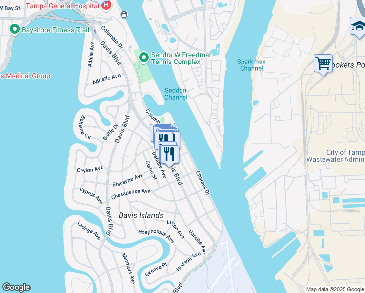 map of restaurants, bars, coffee shops, grocery stores, and more near 236 Channel Drive in Tampa
