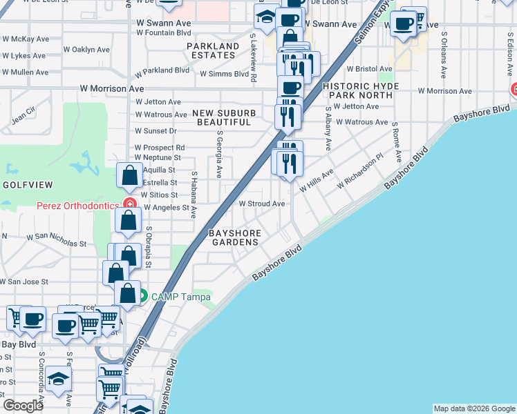 map of restaurants, bars, coffee shops, grocery stores, and more near 1406 Glen Avenue in Tampa